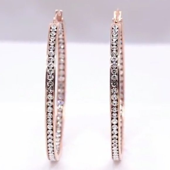 Rose Gold Clear Stone Rhinestone Hoop Earrings Sparkle CZ Crystal Channel Hoops - Picture 4 of 8